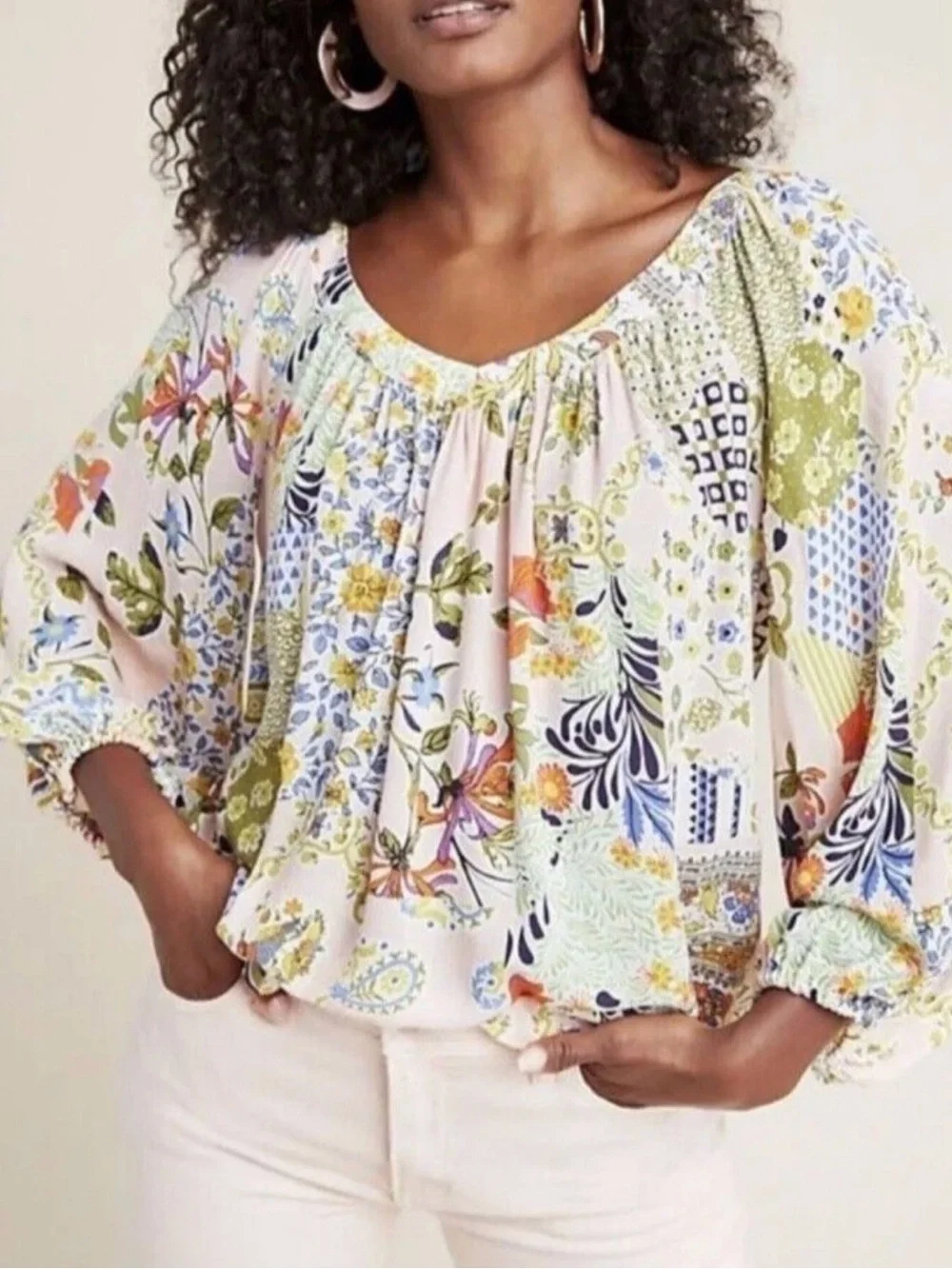 Anthropologie Maeve Boswell Patchwork Floral Blouse Size 14 - Picture 2 of 11